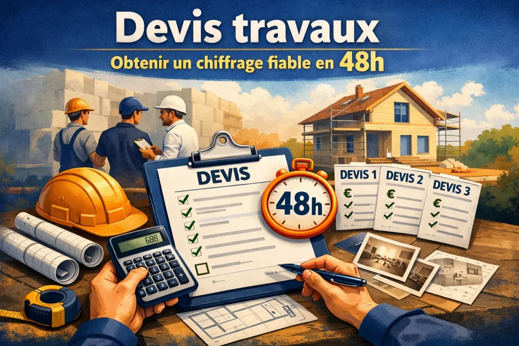 Illustration d’un devis travaux avec chronomètre 48h, documents et artisans sur chantier – La Compagnie des Artisans