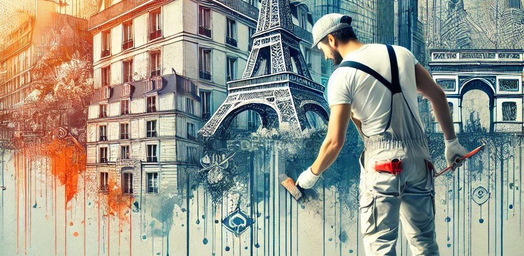 Une image visuellement saisissante mettant en valeur les services professionnels de peinture en Île-de-France. La scène comprend un peintre qualifié travaillant sur un mur moderne
